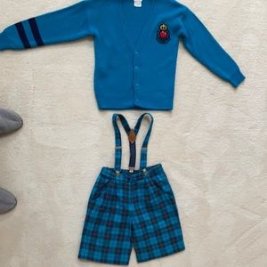 Cute Sweet Potatoes 2 Piece Teal Sweater and Plaid Shorts Set with suspenders